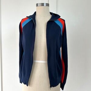 Kule Women Navy Blue Retro Stripe Full Zip Knit Track Jacket Viscose Blend Small